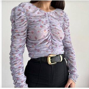 Zara Lavender Floral Print Ruched Semi-Sheer Blouse - Size S